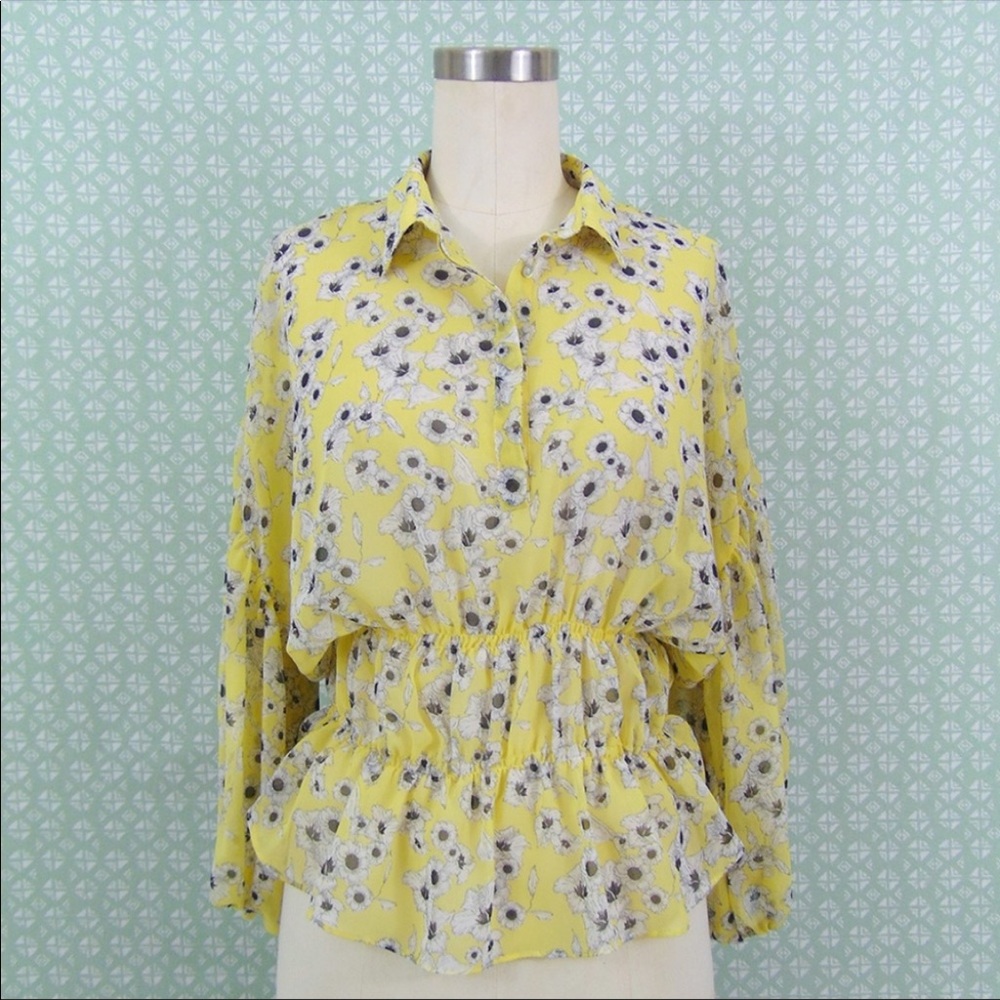 ZARA Chiffon Flowy Yellow Floral Boho Blouse Top with Balloon Sleeves Size M
